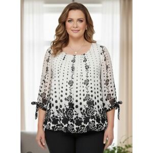 Roz & Ali Black & White Floral Chiffon Sheer Sleeves Blouse Womens Size Large